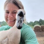 girl holding a goose