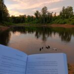 reading at pond with ducks